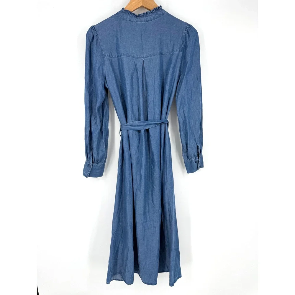 Saks Fifth Avenue Women S Dress Denim‎ Ruffle Belted Button Up Country Cowgirl